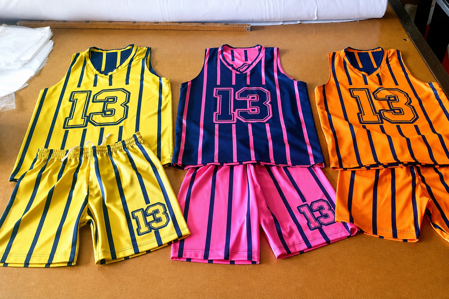 Tre divise basket doubleface gessate: gialla, rosa e arancione